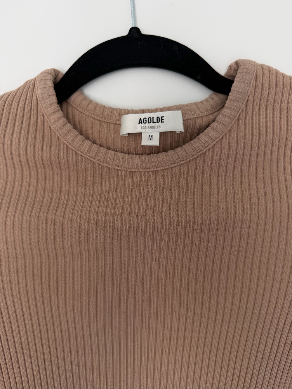 Agolde Ribbed Long-Sleeve Crewneck Top in Beige - Picture 2 of 4
